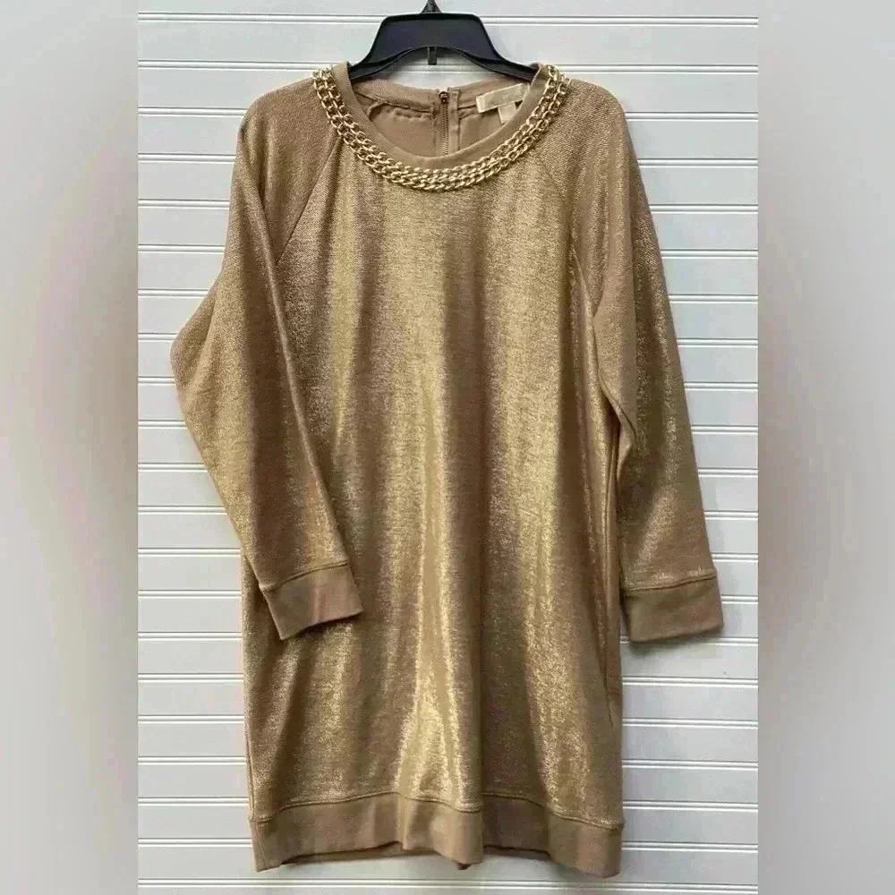 Micheal Kors Gold Chain Gold Shimmer Sweater Long sleeve Midi Dress Size Large